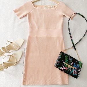Pink Ribbed Short Sleeve Square Neck Bodycon Mini Dress